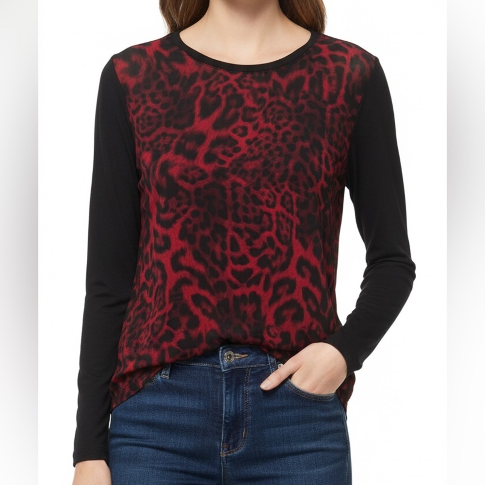 Michael Kors Red & Black Leopard Print Sheer Blouse Size Small Long Sleeve Top
